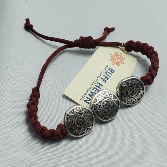 RUFF HEWN Shamballa ornate disc burgundy cord unisex bracelet - Picture 2 of 4